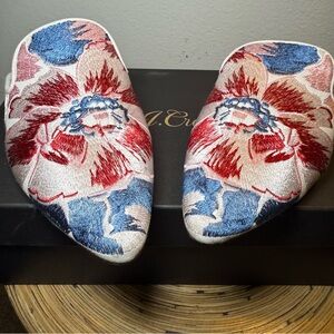 J. Crew Embroidered Floral Mules in Red, Blue, and Cream